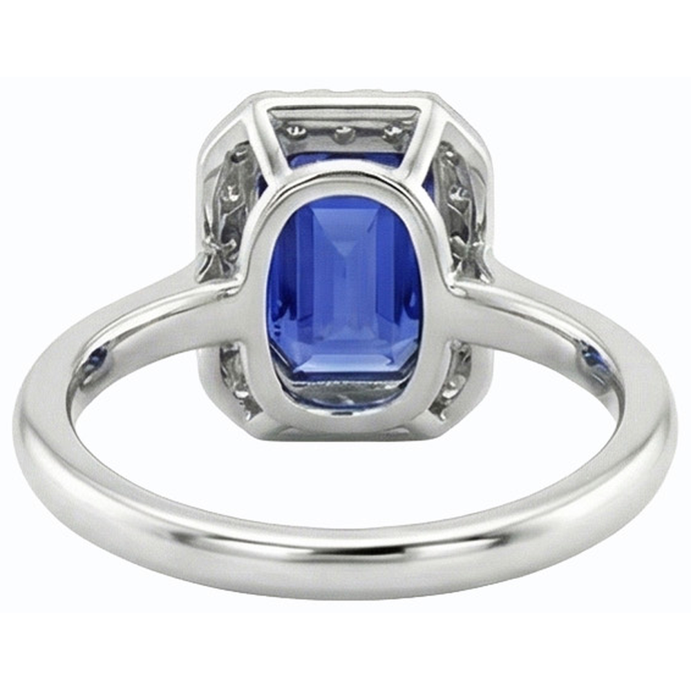 Halo Natural Earth Mined Diamond Blue Sapphire Ring Emerald Cut 3 Carats White Gold 14K