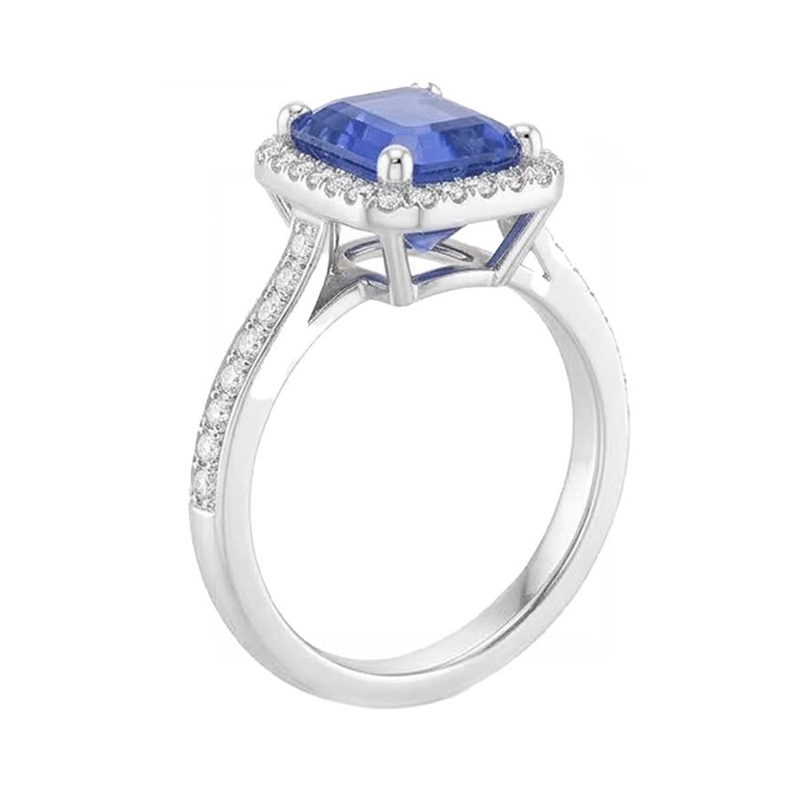 Halo Natural Earth Mined Diamond Blue Sapphire Wedding Ring Emerald Cut 3.50 Carats Gold