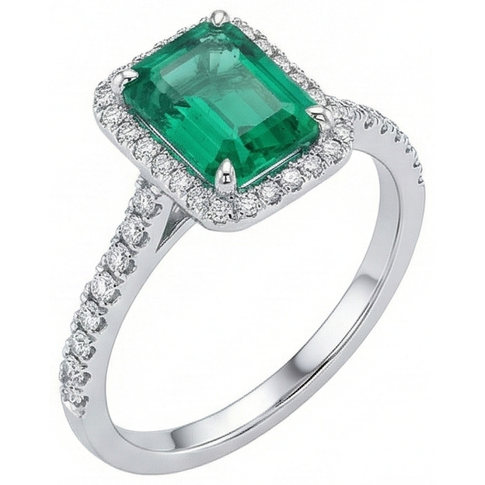 Halo Natural Earth Mined Diamond Colombian Green Emerald GIA Engagement Ring 3.55 Carats White Gold