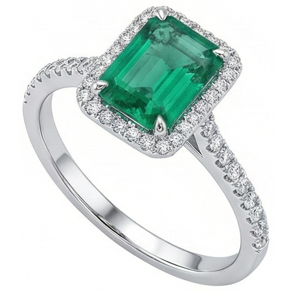 Halo Natural Earth Mined Diamond Colombian Green Emerald GIA Engagement Ring 3.55 Carats White Gold