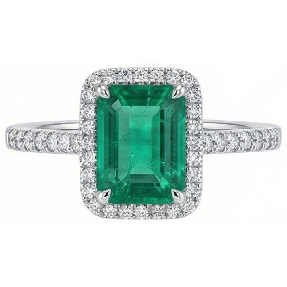 Halo Natural Earth Mined Diamond Colombian Green Emerald GIA Engagement Ring 3.55 Carats White Gold