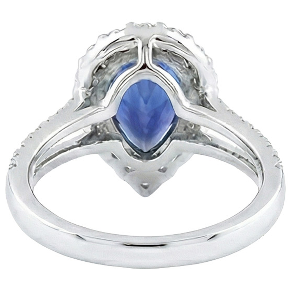 Halo Natural Earth Mined Diamond Ring Pear Sri Lankan Sapphire 5.50 Carats Split Shank