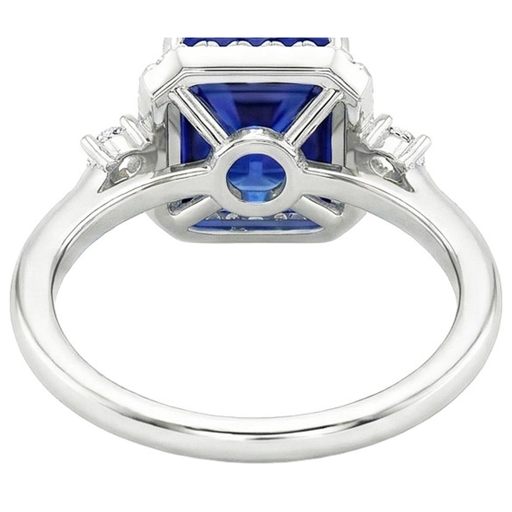 Halo Natural Earth Mined Diamond Ring Princess Blue Sapphire Center 6 Carats White Gold