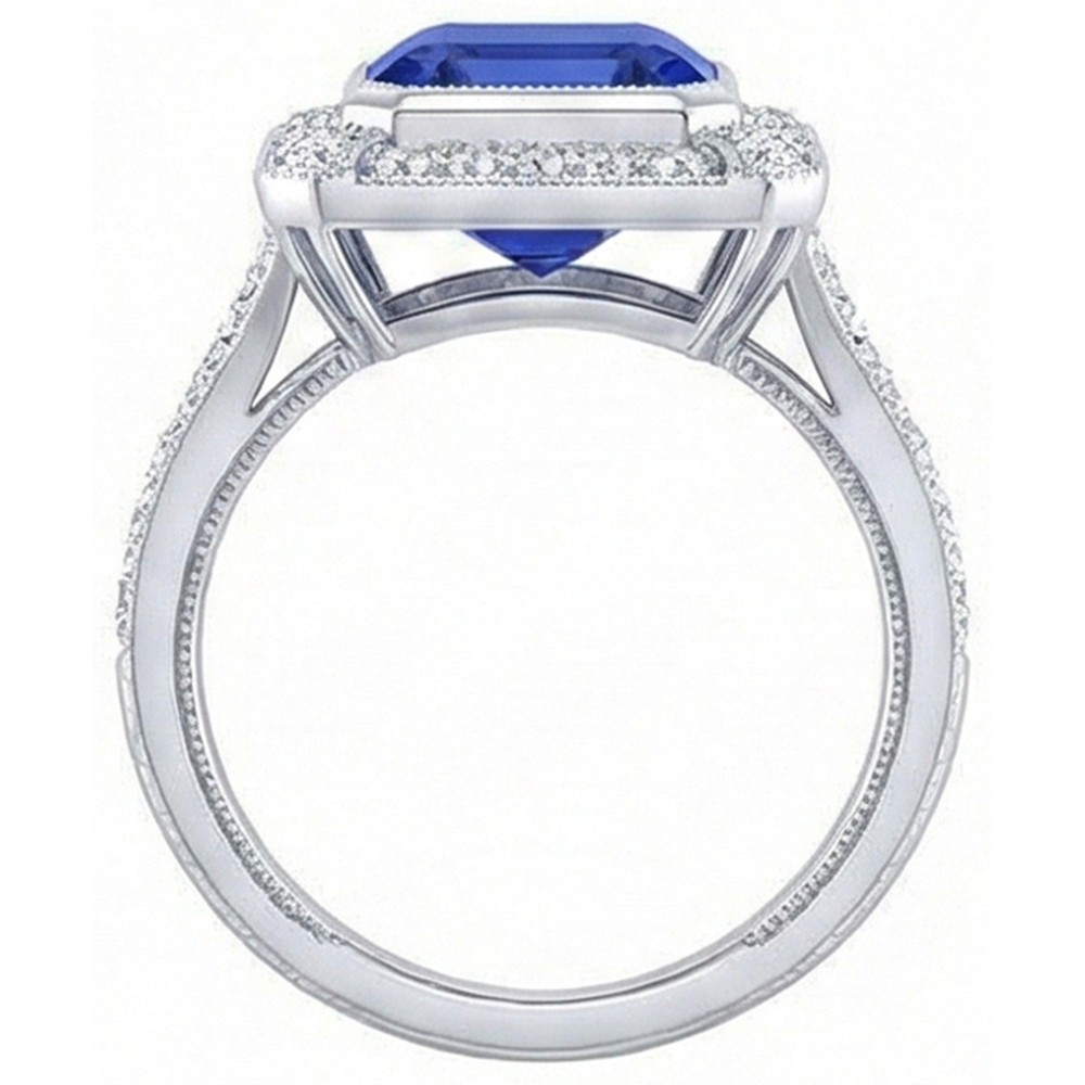 Halo Natural Earth Mined Diamond Sapphire Ring Asscher Bezel Set Milgrain Shank 4 Carats