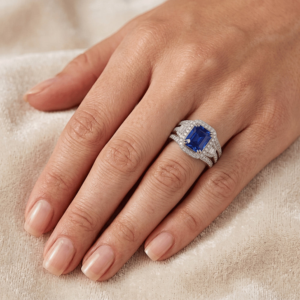 Halo Radiant Sapphire Natural Earth Mined Diamond Engagement Ring With Jacket 4.50 Carats