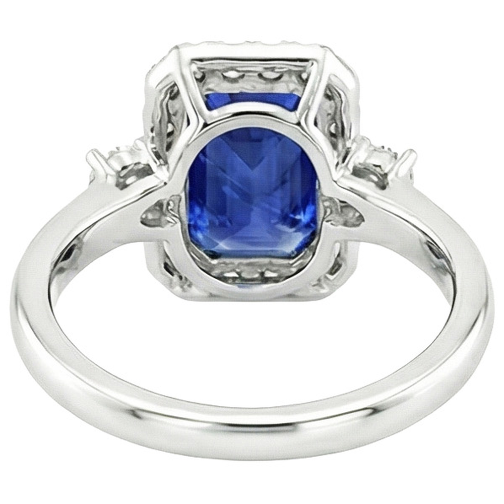 Halo Ring 3 Stones Radiant Blue Sapphire & Natural Earth Mined Diamond 4.50 Carats