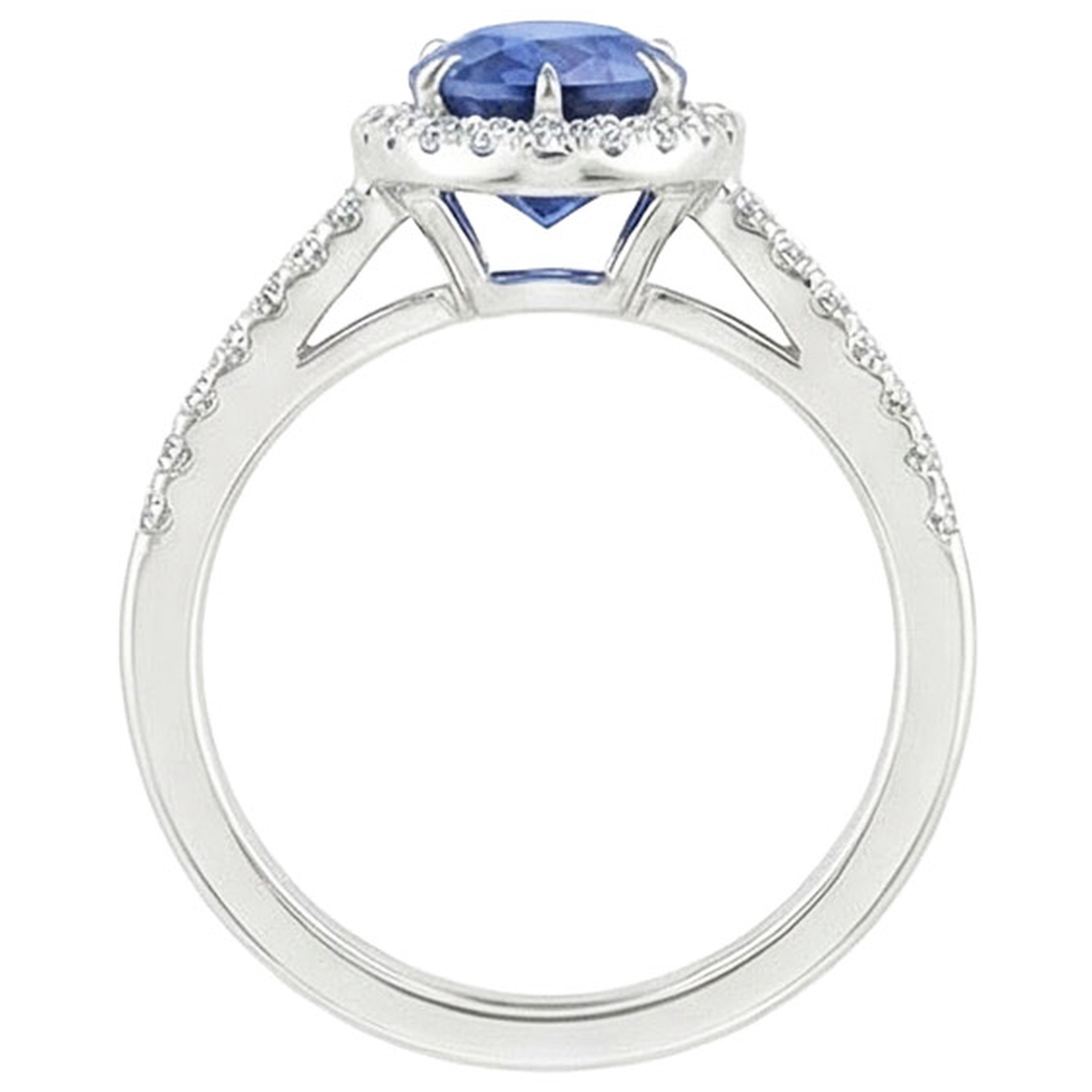Halo Ring Double Shank Pear Blue Sapphire & Natural Earth Mined Diamonds 4.50 Carats