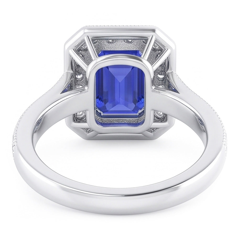Halo Ring Emerald Sapphire & Natural Earth Mined Diamonds 3 Carats White Gold Milgrain