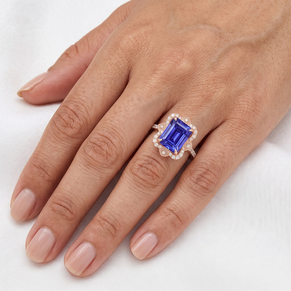Halo Ring Flower Style Emerald Blue Sapphire & Natural Earth Mined Diamond 4.25 Carats