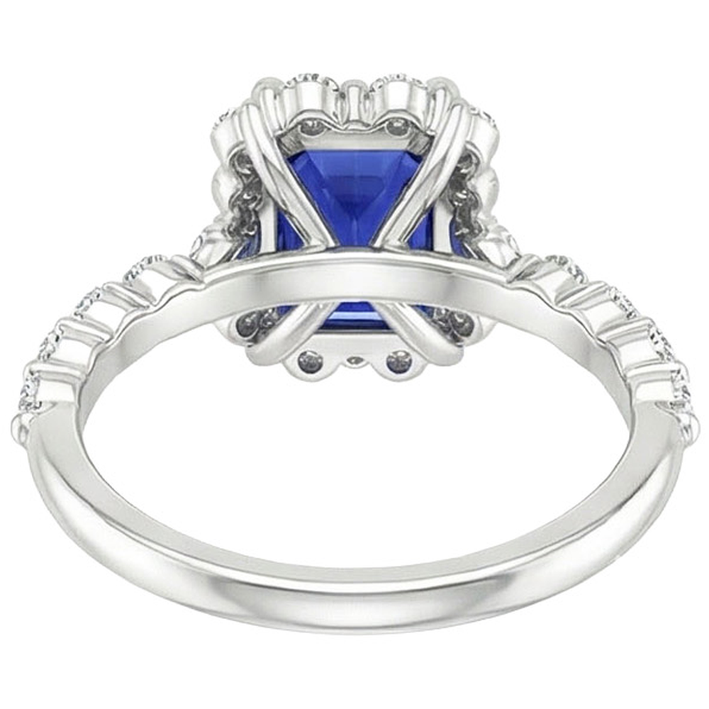 Halo Ring Flower Style Radiant Blue Sapphire & Natural Earth Mined Diamond 4.25 Carats
