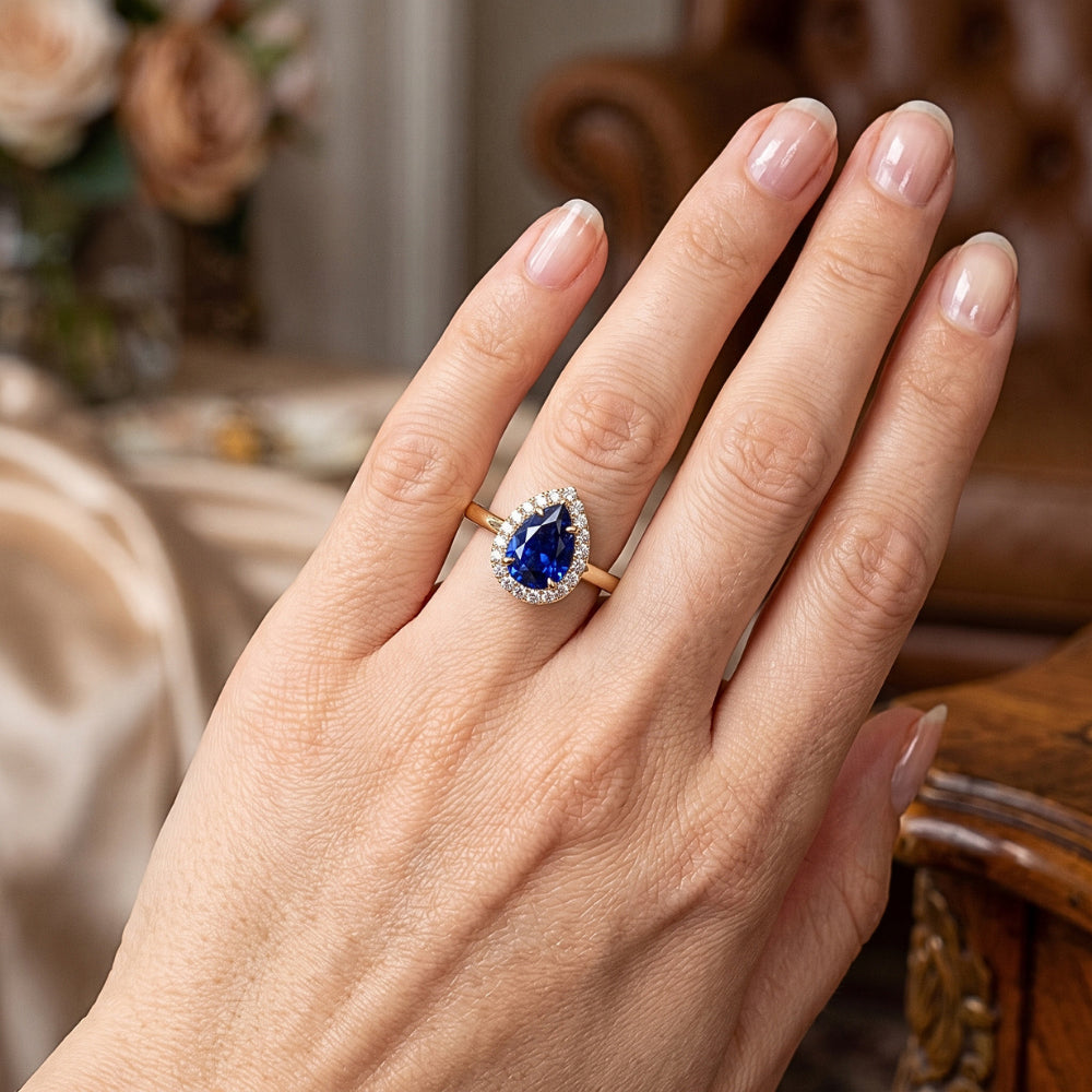 Halo Ring Pear Cut Ceylon Sapphire & Natural Earth Mined Diamonds 3 Carats Prong Set