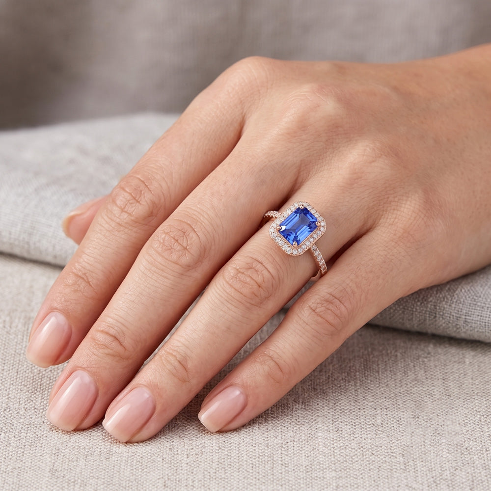 Halo Ring Radiant Blue Sapphire & Natural Earth Mined Diamonds Rose Gold 3.50 Carats