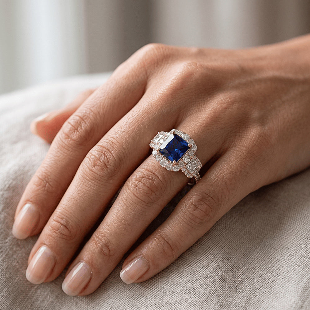 Halo Ring Radiant Sapphire Princess & Round Natural Earth Mined Diamond Jewelry 5 Carats