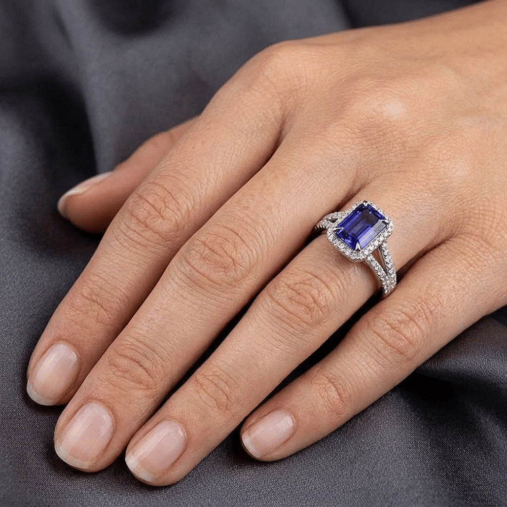 Halo Ring Split Shank Emerald Ceylon Sapphire & Natural Earth Mined Diamonds 4 Carats