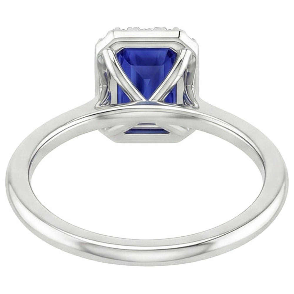 Halo Ring Sri Lankan Sapphire & Natural Earth Mined Diamond 4 Carats Emerald Cut