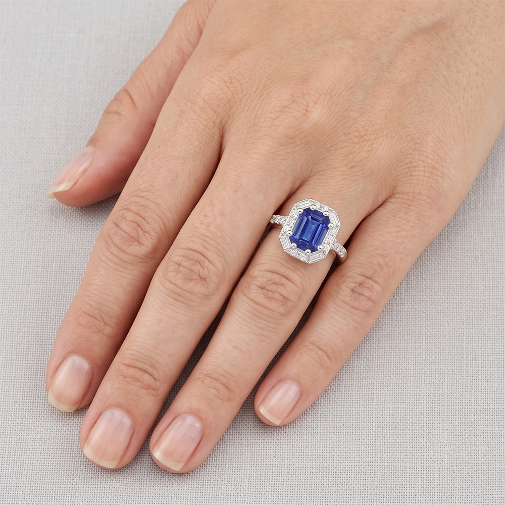 Halo Ring Sri Lankan Sapphire & Natural Earth Mined Diamond 4 Carats Emerald Cut