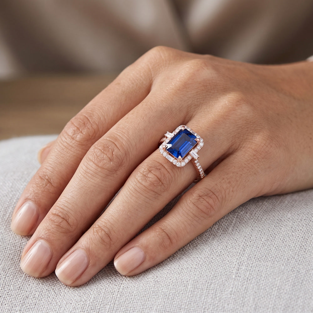 Halo Rose Gold Ring Emerald Blue Sapphire & Natural Earth Mined Diamonds 3 Carats