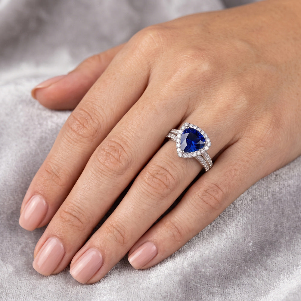 Halo Trillion Sri Lankan Sapphire Ring 3 Carats Natural Earth Mined Diamond Gold Jewelry