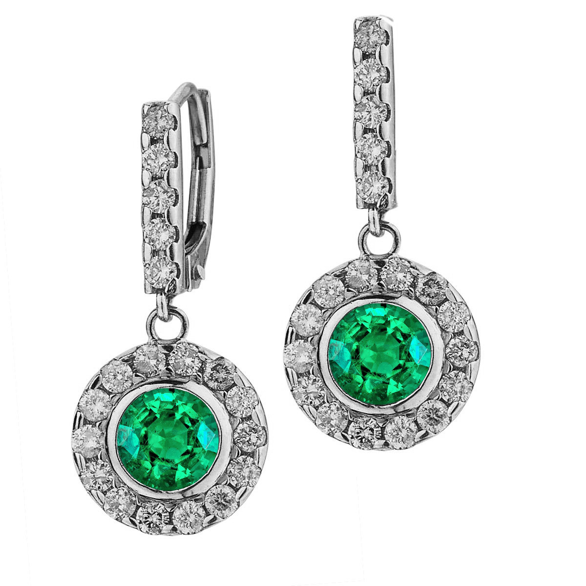 Halo Diamond Green Emerald Drop Earrings White Gold 14K