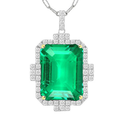Halo Green Emerald Gemstone And Diamond Pendant