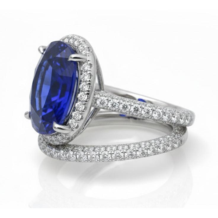 Halo Oval Ceylon Sapphire Wedding Ring Set 7 Carats With Natural Earth Mined Diamond Band