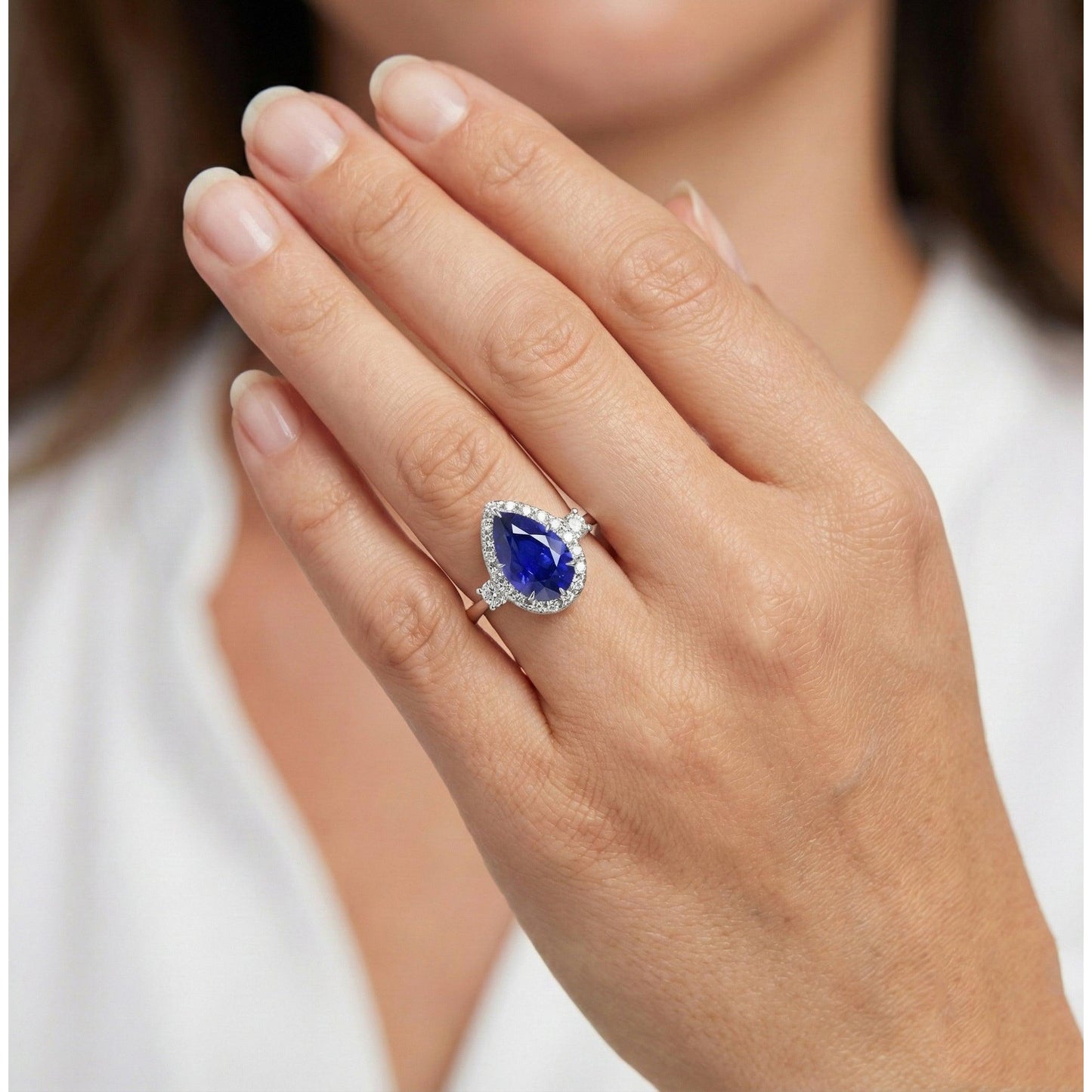 Halo 3 Stone Ring Pear Ceylon Sapphire & Natural Earth Mined Diamonds 5 Carats