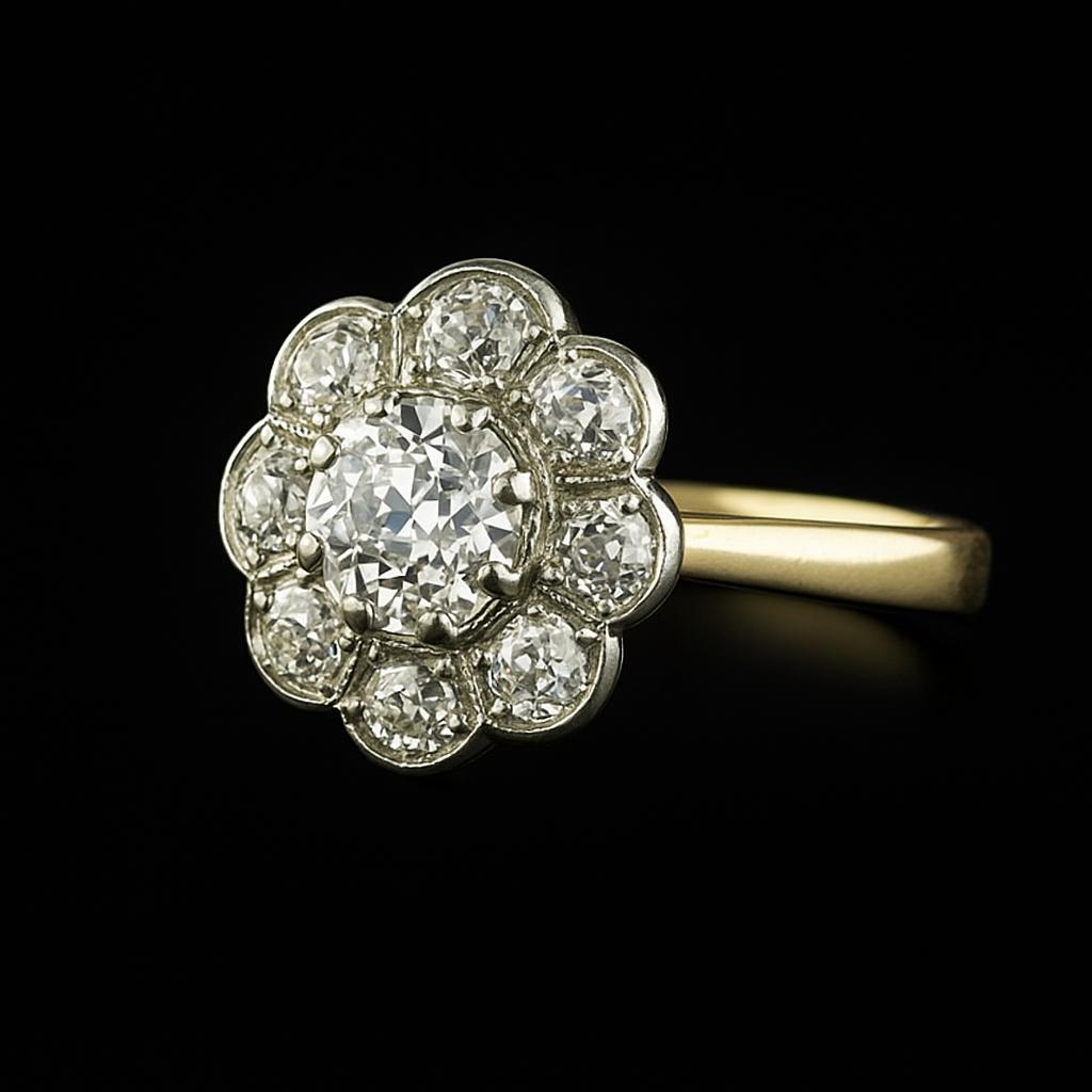 Halo Old Mine Cut Natural Earth Mined Diamond Ring Two Tone Flower Style Jewelry 3 Carats