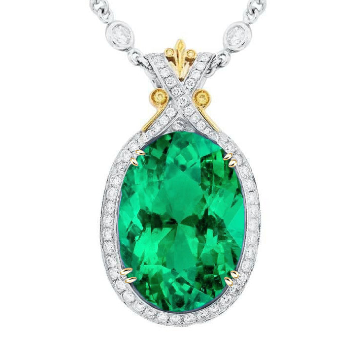 Handcrafted Oval Green Emerald Necklace With Diamonds