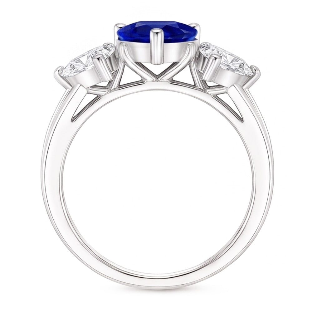 Heart Natural Earth Mined Diamond 3 Stone Blue Sapphire Ring With Accents 3.50 Carats