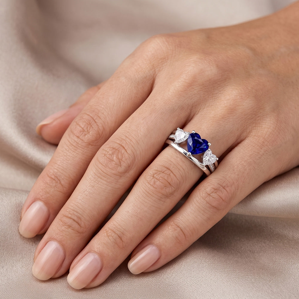 Heart Natural Earth Mined Diamond 3 Stone Blue Sapphire Ring With Accents 3.50 Carats