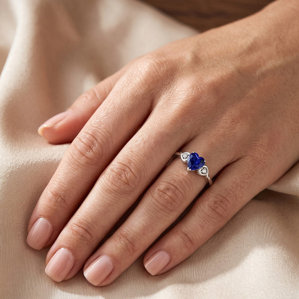 Heart Three Stone Natural Earth Mined Diamond & Deep Blue Sapphire Ring 1.75 Carats
