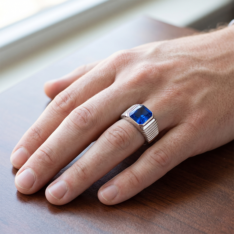 IGI CERTIFIED Solitaire Men's Ring Radiant Ceylon Color Sapphire Flush Set 2.50 Carats