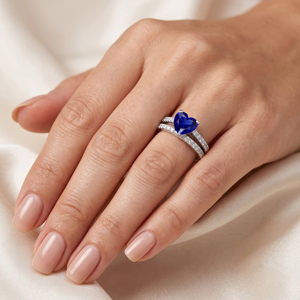 Ladies Natural Earth Mined Diamond Engagement Ring Set Heart Ceylon Sapphire 3.50 Carats