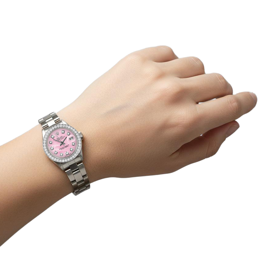 Ladies Datejust Rolex 26 mm Pink Mother Of Pearl Diamond Dial Stainless Steel Oyster Bracelet Watch P4