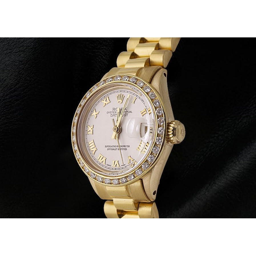 Lady Rolex Datejust Watch Diamond Bezel Oyster Bracelet Yellow Gold