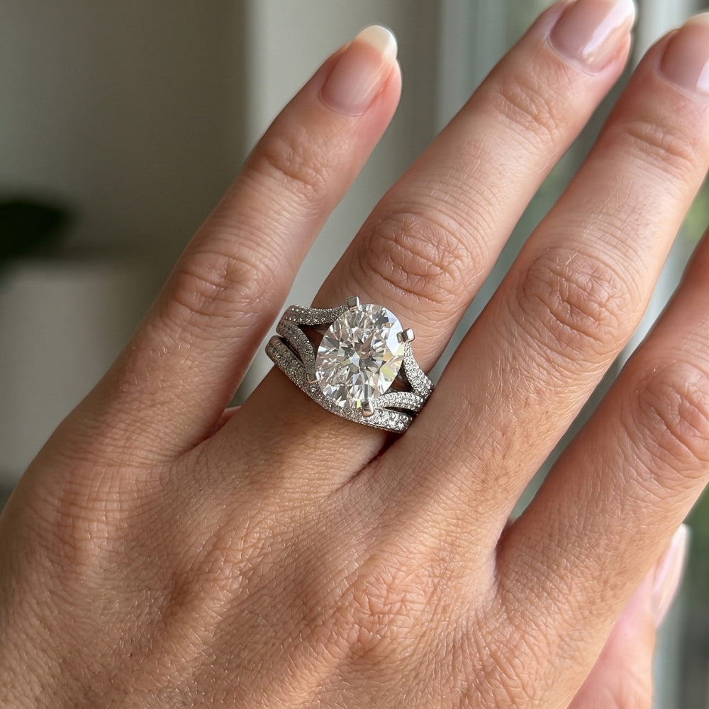 Large Oval Mined Natural Real Diamond ( Not Lab Grown ) Wedding Ring And Band Set
