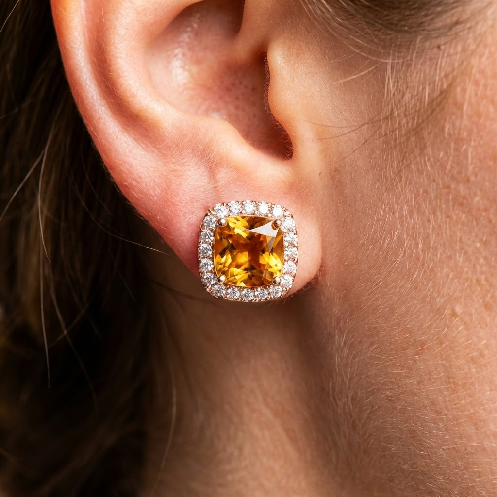 Madeira Citrine And Natural Earth Mined Diamond Stud Earring Rose Gold 14K 18.40 Carats