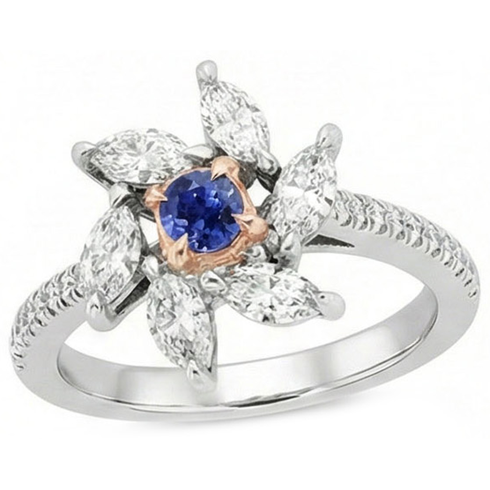 Marquise Natural Earth Mined Diamond Round Sapphire Ring Flower Style 2.50 Carats Two Tone