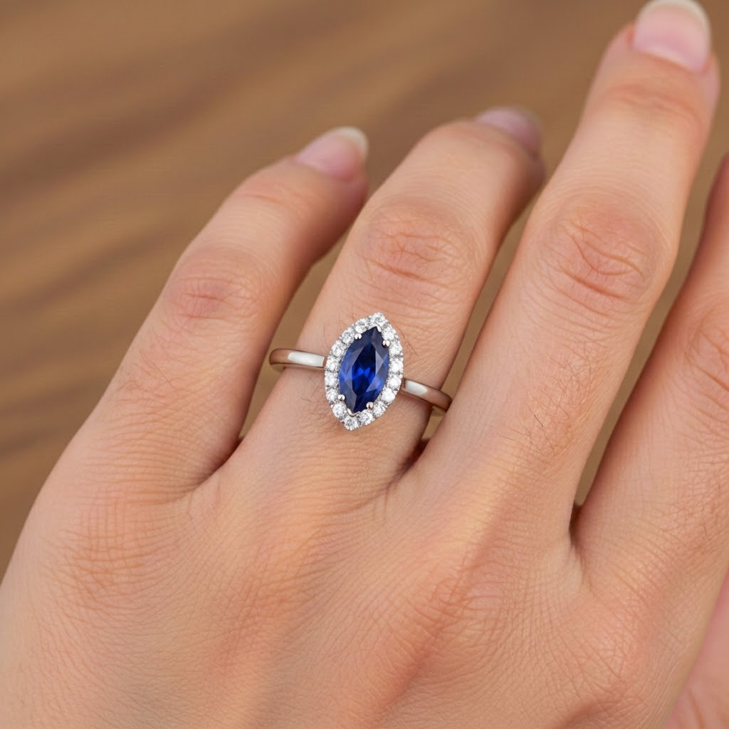 Marquise Ceylon Blue Sapphire Round Natural Earth Mined Diamonds 2 Ct Wedding Ring Gold