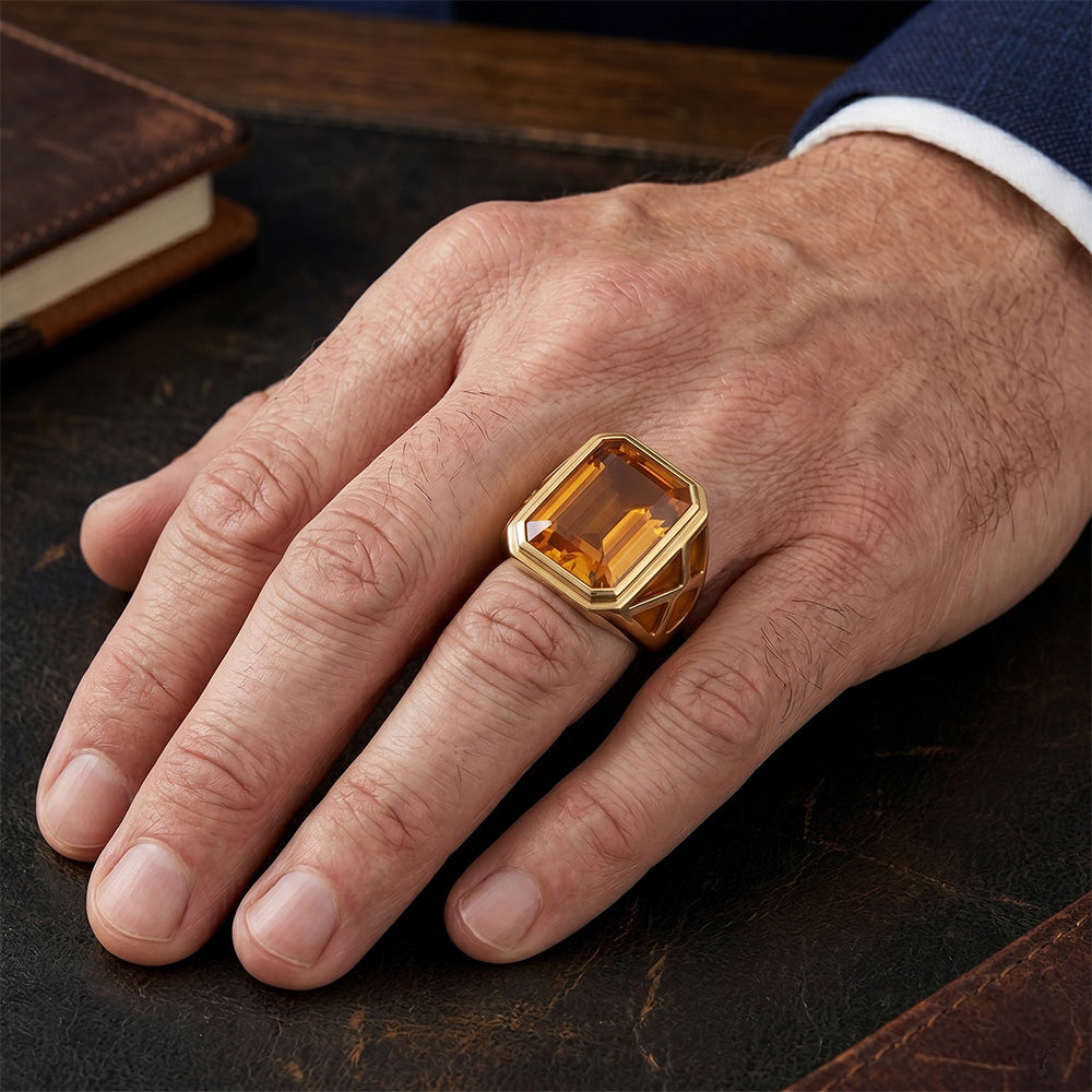 Men's Emerald Cut Golden Citrine Precious Stone Ring in 14K