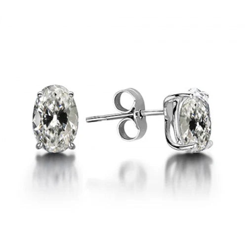 Mined Diamond Earrings Oval Old Cut Stud 3 Carats White Gold