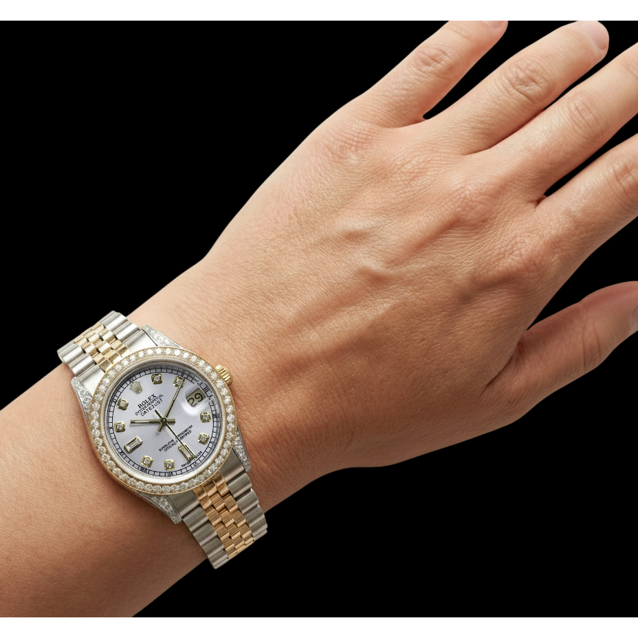 Mother Of Pearl Dial Rolex Dj Watch Custom Diamond Bezel Ss & Gold