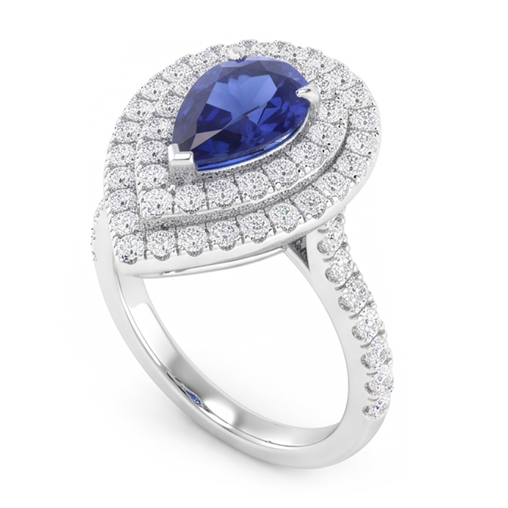 Natural Blue Sapphire Ring 4 Ct Teardrop Pave Set Diamonds