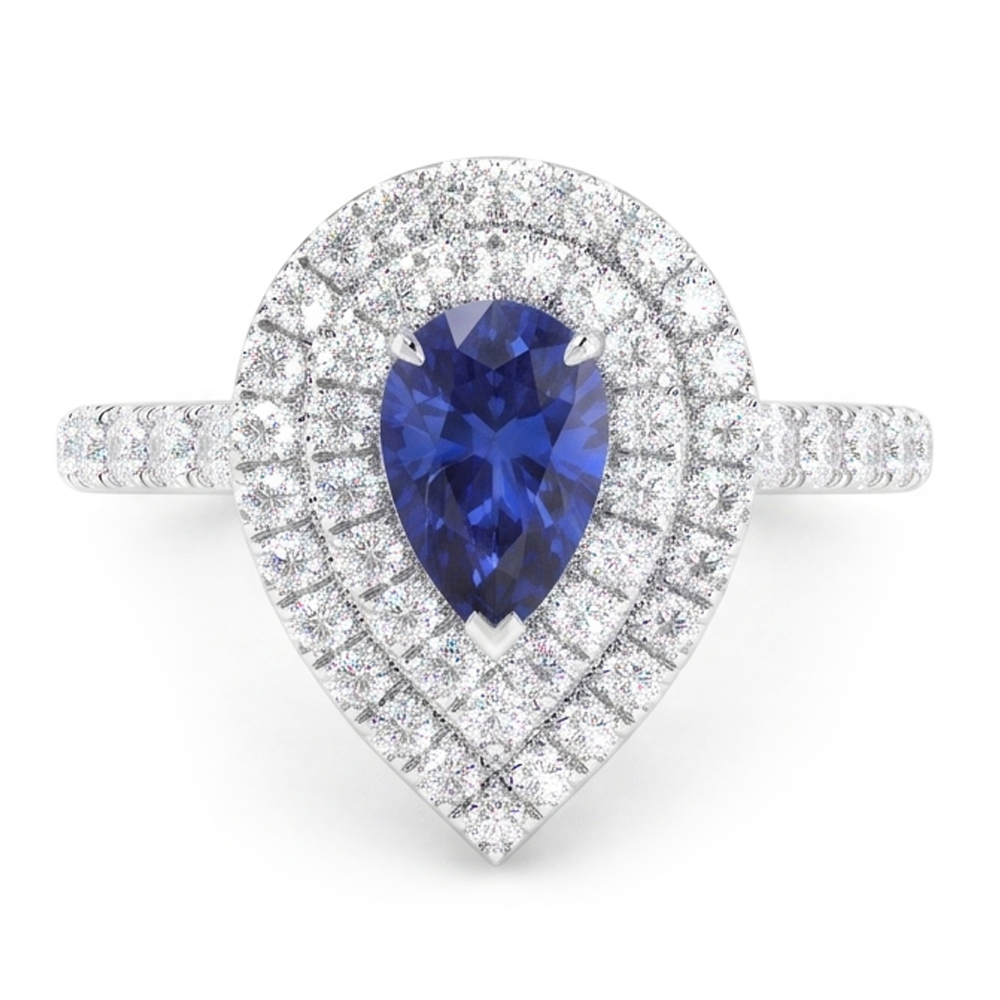 Natural Blue Sapphire Ring 4 Ct Teardrop Pave Set Diamonds