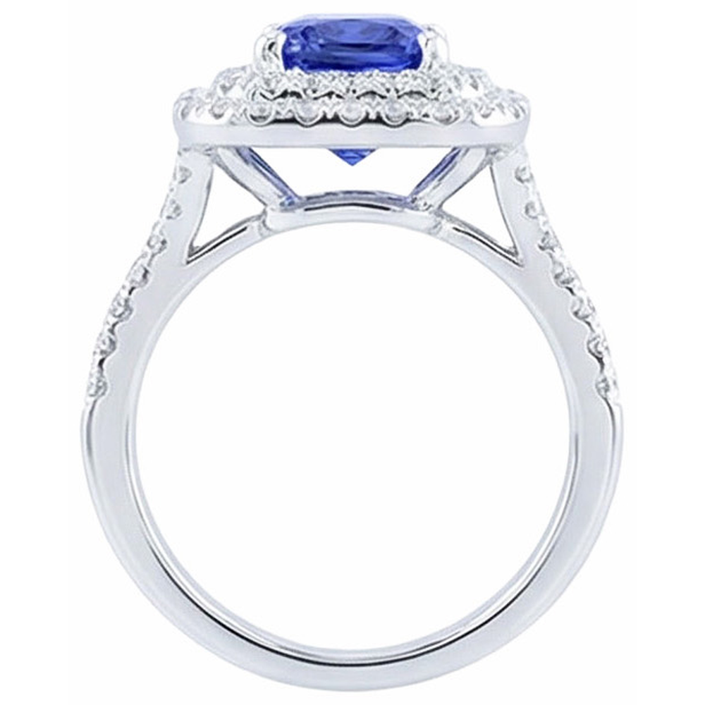 Natural Earth Mined Diamond Double Halo Radiant Sapphire Ring 4 Carats Split Shank