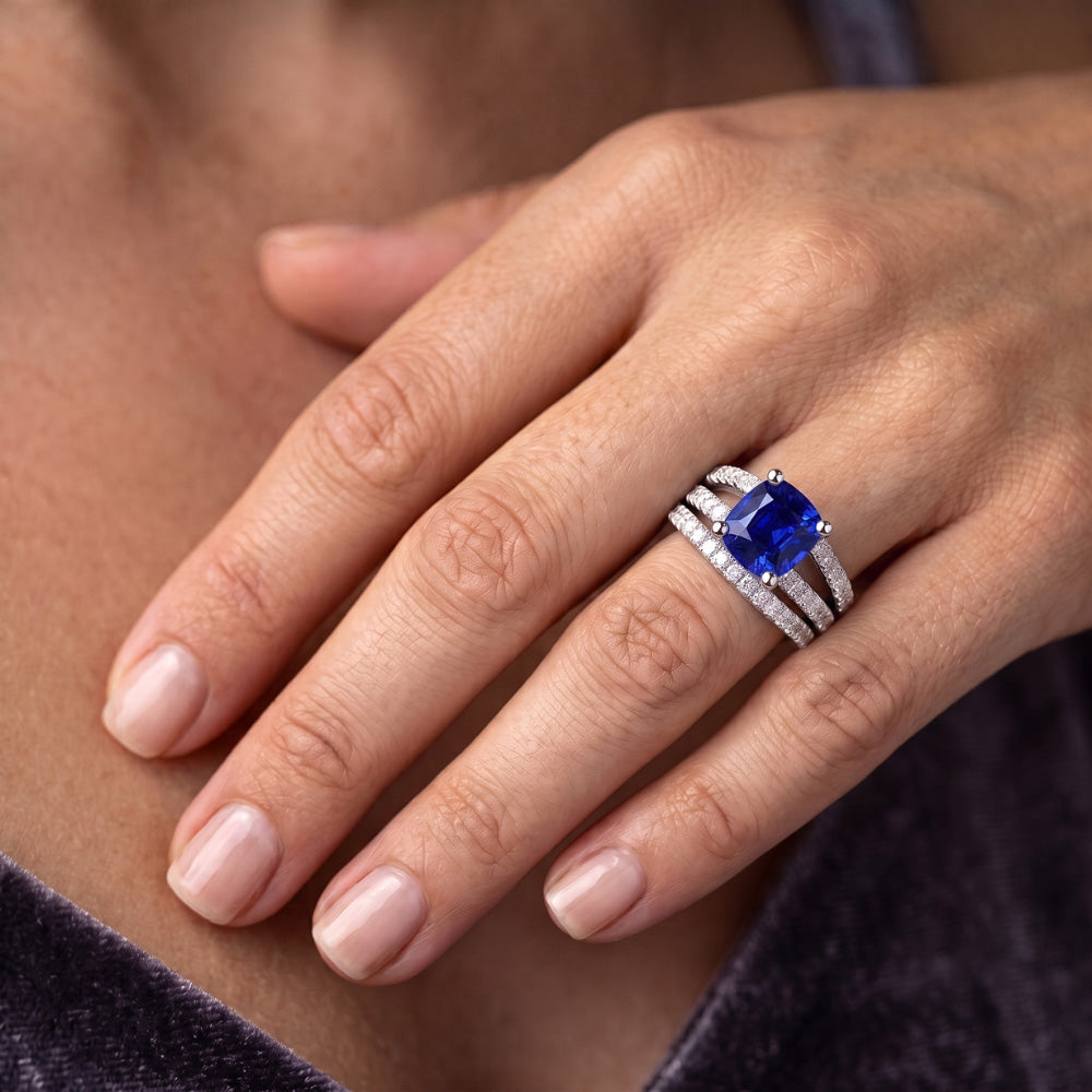 Natural Earth Mined Diamond Engagement Ring Set Cushion Sri Lankan Sapphire 3.50 Carats