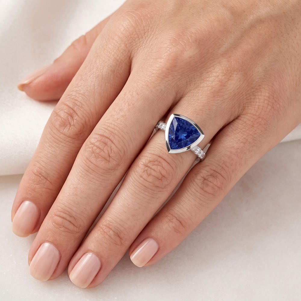 Natural Earth Mined Diamond Gemstone Jewelry 2 Carat Trillion Bezel Set Blue Sapphire Ring