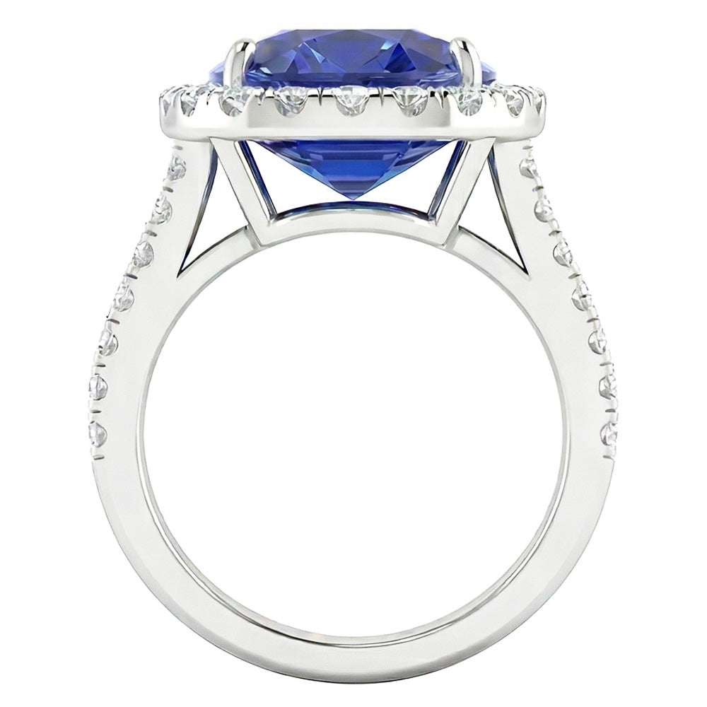 Natural Earth Mined Diamond Halo Oval Ceylon Sapphire Ring Pave Split Shank 6 Carats