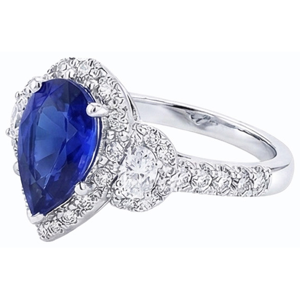 Natural Earth Mined Diamond Halo Pear Ceylon Sapphire Ring 3 Stone Style 4.50 Carats