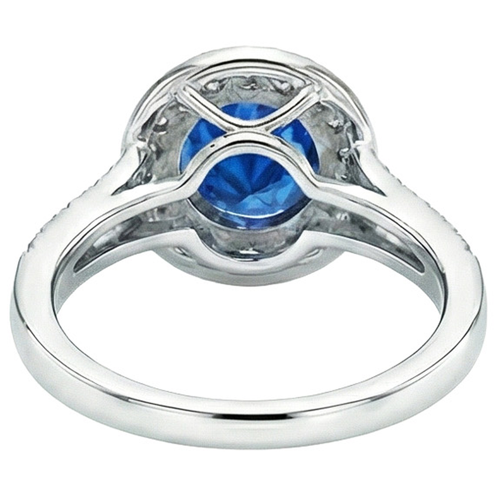 Natural Earth Mined Diamond Halo Ring Antique Style Prong Round Blue Sapphire 2.50 Carats